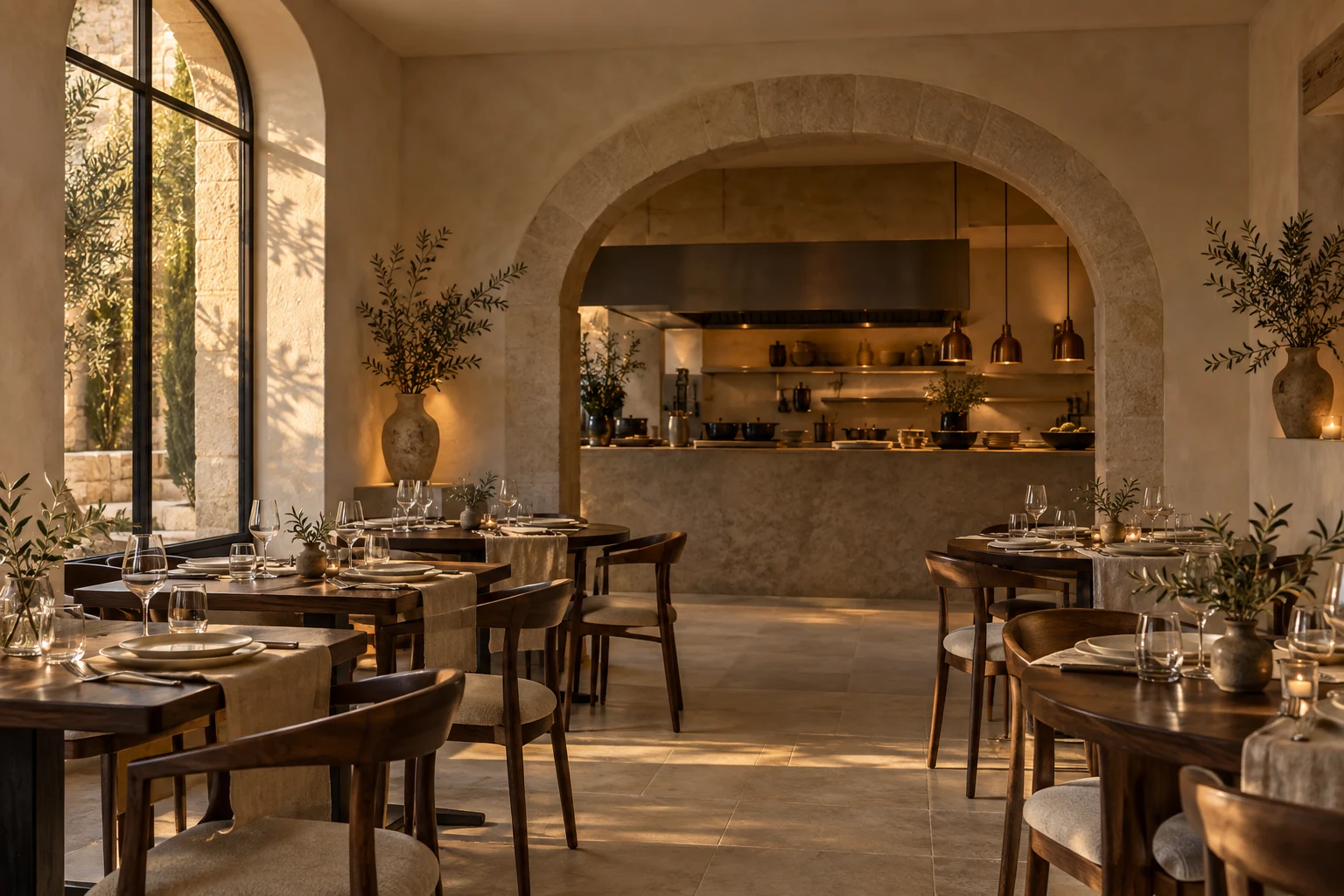 La salle de Maison Sepia, tables dressées et lumière du soir